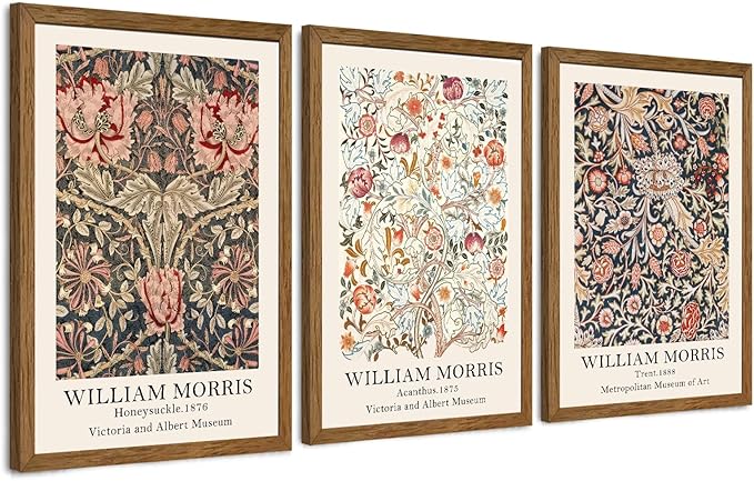 Krtoni 3PCS Framed William Morris Wall Art, Rustic Farmhouse Floral Wall Decor, Vintage Flower Plants Aesthetic Paintings, Flower Botanical Art Prints for Living Room Bedroom Bathroom 16W x 24H