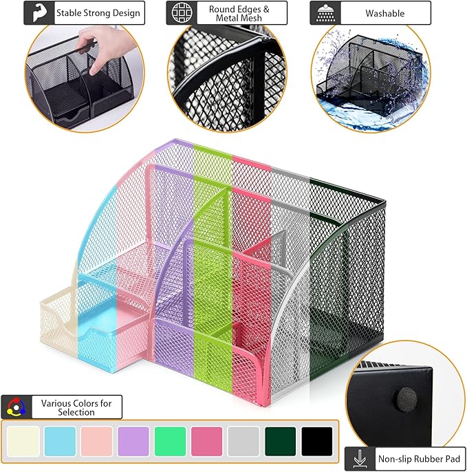 Boutilon Mesh Desk Organizer Desktop Office Supplies Stationary Organizer with 6 Compartments and 1 Drawer Multi-Functional Caddy Pen Holder for Home Office School Desk Decor(Rose Red)