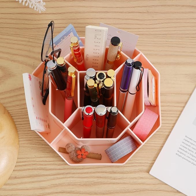 INSTOME Desktop Organizer with Pencil Holders,360°Rotating Pen Holder for Desk Organizer,9 Compartments and Makeup Brush Holders,Multifunctional Office Supplies for Home,Teachers and School (Pink)