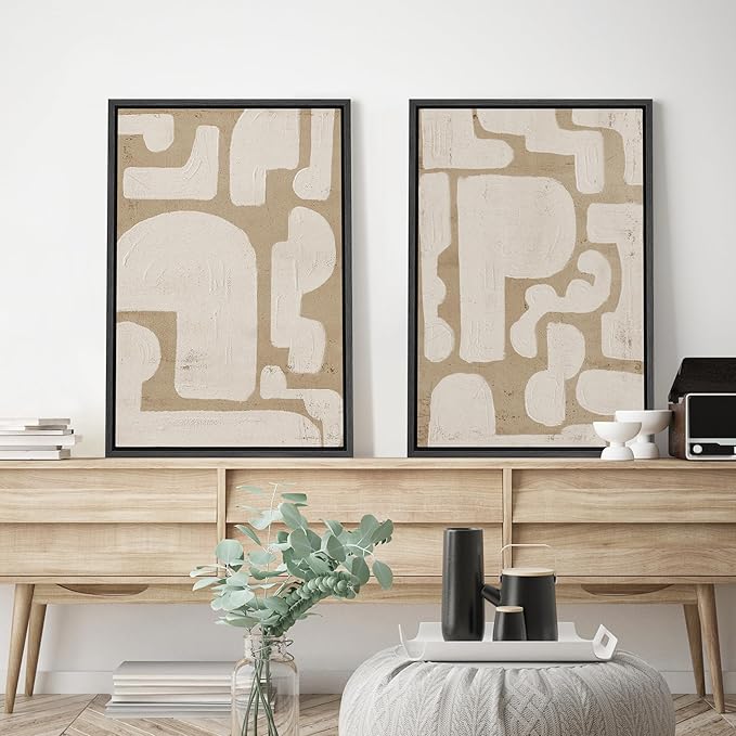 SIGNWIN Framed Canvas Print Wall Art Set Sophisticated Abstract Network Beige Interlaced Lines on White Illustrations Modern Art Minimal Relax/Calm for Living Room, Bedroom, Office - 24"x36"x2 Black