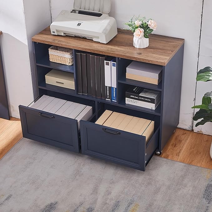 40" Lateral File Cabinet,Farmhouse Wood Small Home Office Storage with Wheels,Filing Cabinet with 2 Drawers for Legal/Letter/ A4 Size (Blue)