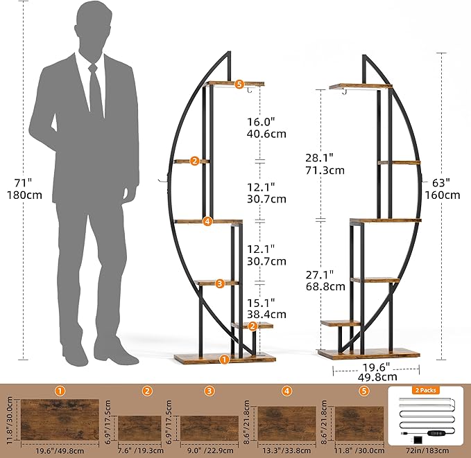 Bookshelf with Lights, 2 Pack Unique Bookshelves, 63" Ladder Tall Book Shelf, 6 Tier Arched Bookcase for Collectibles, Half-Moon Wide Display Book Stands for Bedroom Living Room, Rustic Brown