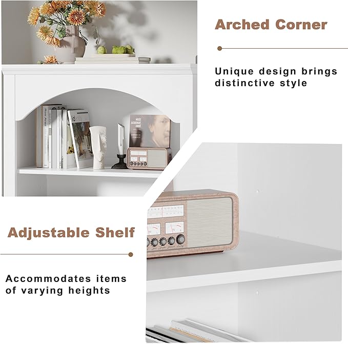 56" H Tall Bookshelf and Bookcase, Arched Book Shelf with 4-Tier Open Shelves, Wooden Storage Bookcase Freestanding Display Bookshelves for Bedroom, Living Room, White