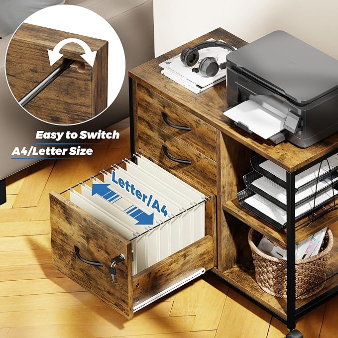 Lulive Brown 3 Drawer File Cabinet for Home Office, Lockable with USB Charging Port, Rectangular, 3 Levels, 100 Pound Weight Recommendation