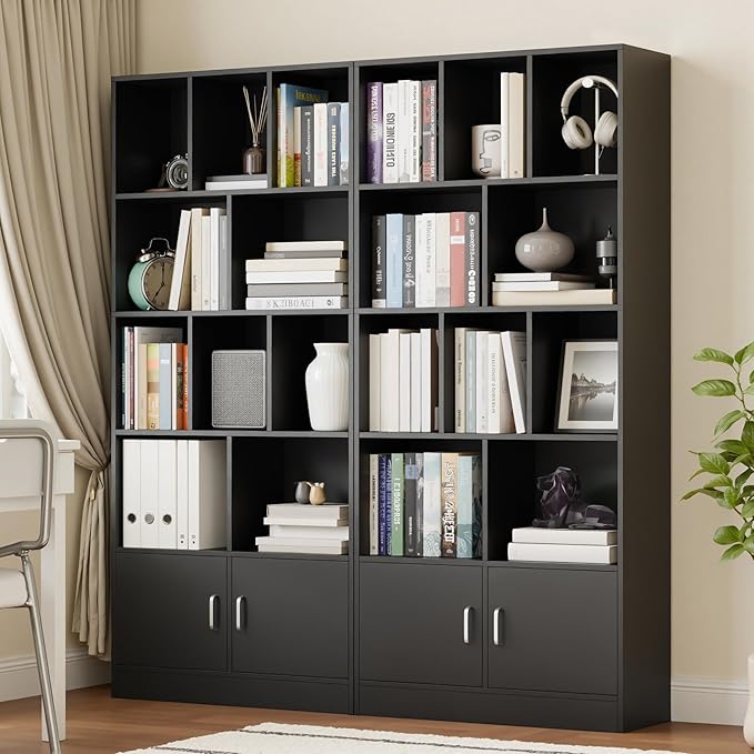 Cozy Castle 70" Tall Black Bookshelf with 12 Cubes and 2 Doors, 4-Tier Open Shelf Bookcase with Cabinet, Modern Cube Storage Organizer for Living Room, and Office