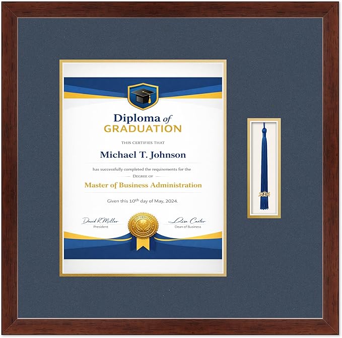 Diploma Frame with Tassel Holder Rustic Walnut Shadowbox Navy Blue Over Gold Mat - Fits 10 x 13 Degree Made in the USA