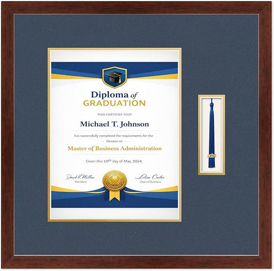 Diploma Frame with Tassel Holder Rustic Walnut Shadowbox Navy Blue Over Gold Mat - Fits 10 x 13 Degree Made in the USA