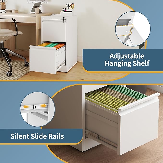 2 Drawer File Cabinet with Lock, Narrow Vertical Filing Cabinets for Home Office, Under Desk Storage Cabinet, Heavy Duty File Cabinet, Amssebly Required, White