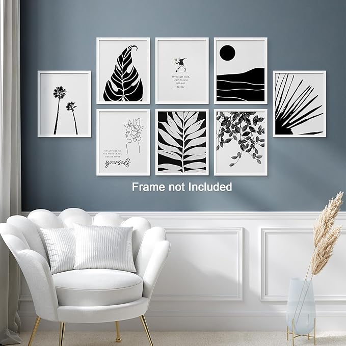 SIGNWIN Adhesive Canvas Poster Bathroom Decor 11"x14"x 8, Wall Art Room Decor Multicolor for Living Room, Bedroom, Office Black White Duotone Tropical Palm Landscape Nature Abstract Shapes