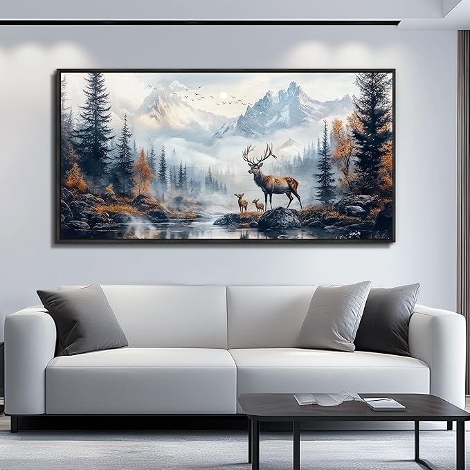 KELIYUAN Large Canvas Wall Art For Office Black Framed Wall Decor For Bedroom Living Room Mural Prints Pictures Lushan Mountain Scenery Painting Stretched and Framed Wall Aesthetics 24"X48"