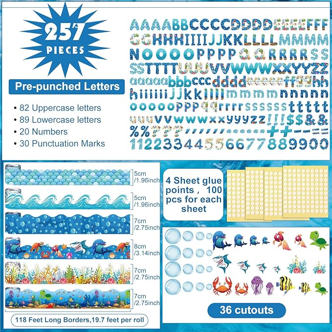 Kosiz Ocean Colorful Bulletin Board Decoration Set 118 ft Scalloped Bulletin Board Borders Classroom Poster Border Trim with 257 Pcs Letter Number Symbol Cutout for School Decor