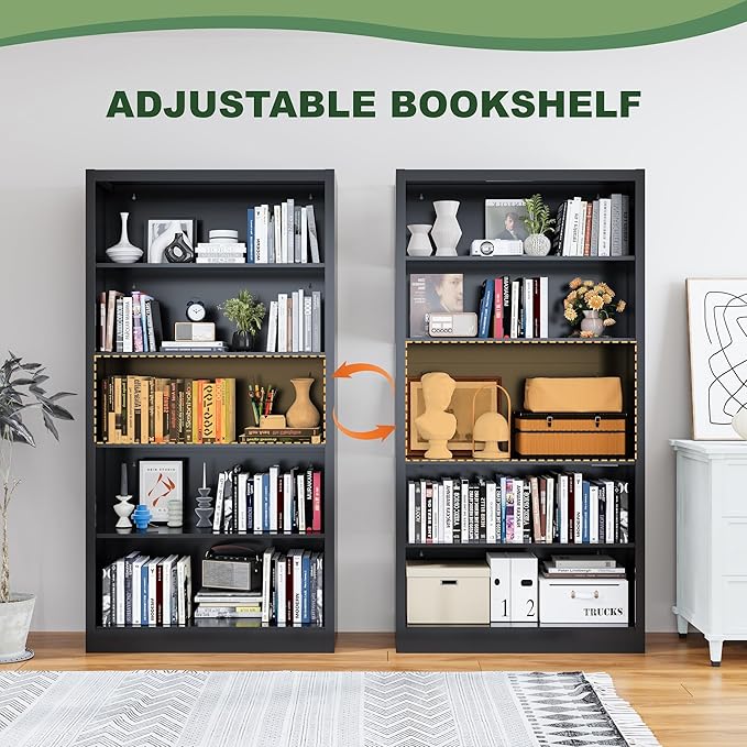 5-Tier Metal Bookshelf, 66" Tall Bookcase with Adjustable Storage Shelves, 33.2" Wide Sturdy Bookshelf with Backboard, Black Book Cases for Office, Living Room, Bedroom, Library, Classroom