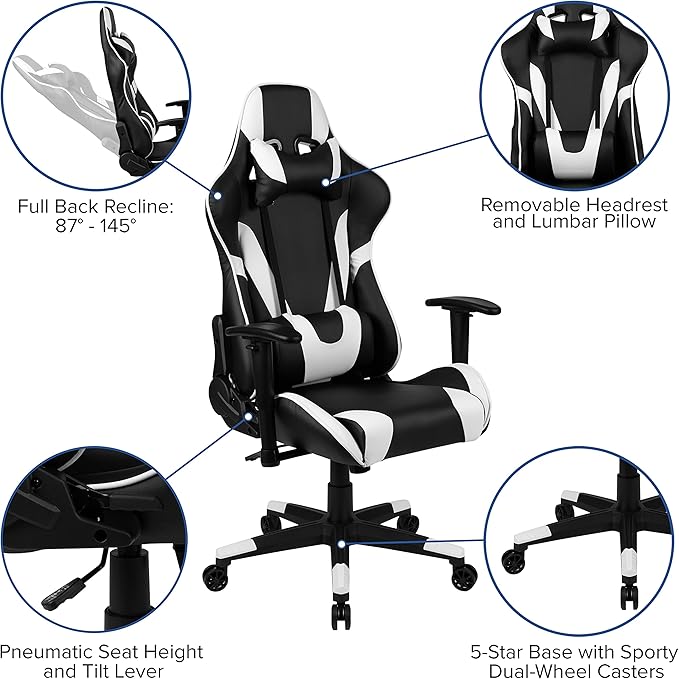 Flash Furniture X20 Fully Reclining LeatherSoft Racing Style Gaming Chair with Headrest, Lumbar Pillows, Ergonomic Swivel Computer Chair, Black/White