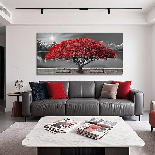 Mofutinpo Black and White Red Tree Wall Art Canvas Print Picture Large Red Tree Landscape Modern Artwork for Living Room Bedroom Office Home Wall Decor With Frame 24X48inch
