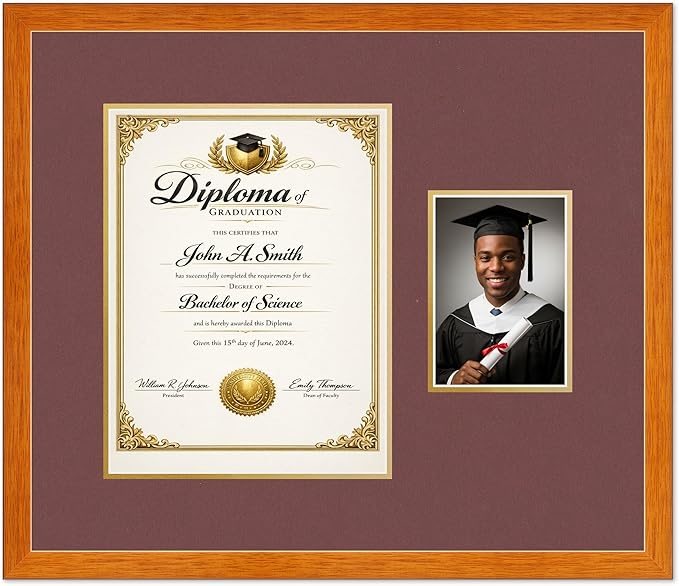 CountryArtHouse Fits 10 x 13 College Diploma (Portrait Traditional) and 5 x 7 Pho Diploma and Photo Frame Honey Oak Genuine Hardwood with Dark Red Over Metallic Gold Double mat