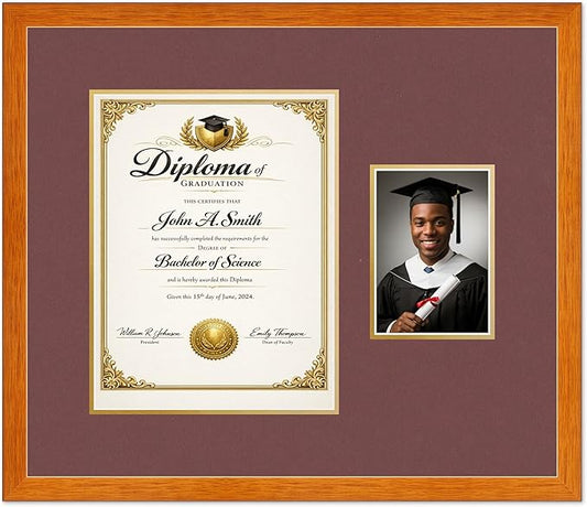 CountryArtHouse Fits 10 x 13 College Diploma (Portrait Traditional) and 5 x 7 Pho Diploma and Photo Frame Honey Oak Genuine Hardwood with Dark Red Over Metallic Gold Double mat