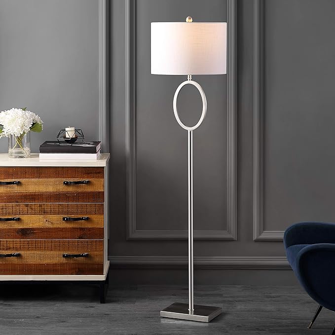 JONATHAN Y 61" Nickel Metal LED Floor Lamp for Living Room Modern Hoop Design Standing Lamp, White Linen Drum Shade, Bedroom Home Office, LED Bulb Included (JYL1089C)