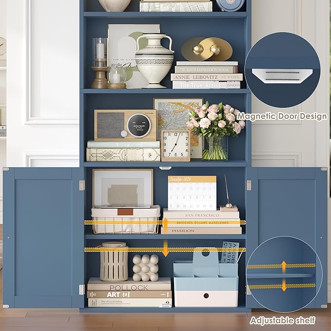 FACBOTALL 82" Tall Bookcase and Book Shelf, 24" Wide Bookshelf with Doors, 7 Tier Bookcase with Storage and Adjustable Shelf, Open and Display Farmhouse Bookshelf for Living Room, Home Office, Blue