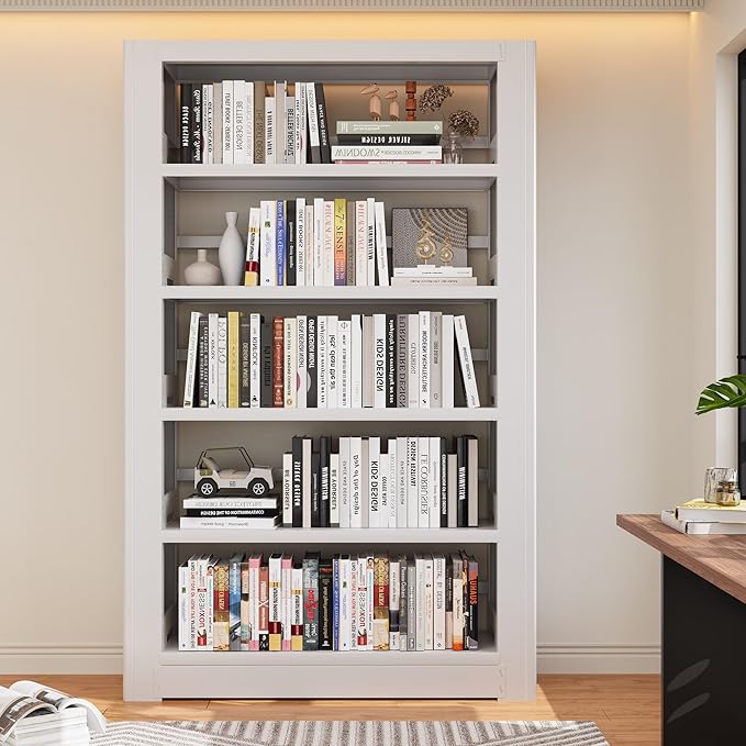 Bookshelf,5-Tier Bookcase with Adjustable Shelves,69” Tall Wide-Column Bookcase for Home Office, Living Room, Bedroom,White Metal Large Load-Bearing Bookshelf,H69*W36*D11.8 Inch (White)