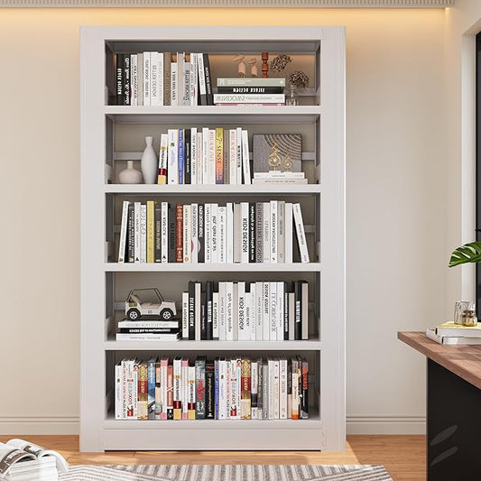 Bookshelf,5-Tier Bookcase with Adjustable Shelves,69” Tall Wide-Column Bookcase for Home Office, Living Room, Bedroom,White Metal Large Load-Bearing Bookshelf,H69*W36*D11.8 Inch (White)