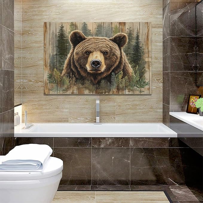 Farmhouse Bear Wall Art Rustic Forest Pictures Decor Woodland Wildlife Painting Canvas Print Modern Home Decoration Artwork for Living Room Bathroom Bedroom Office Framed 24"x16"