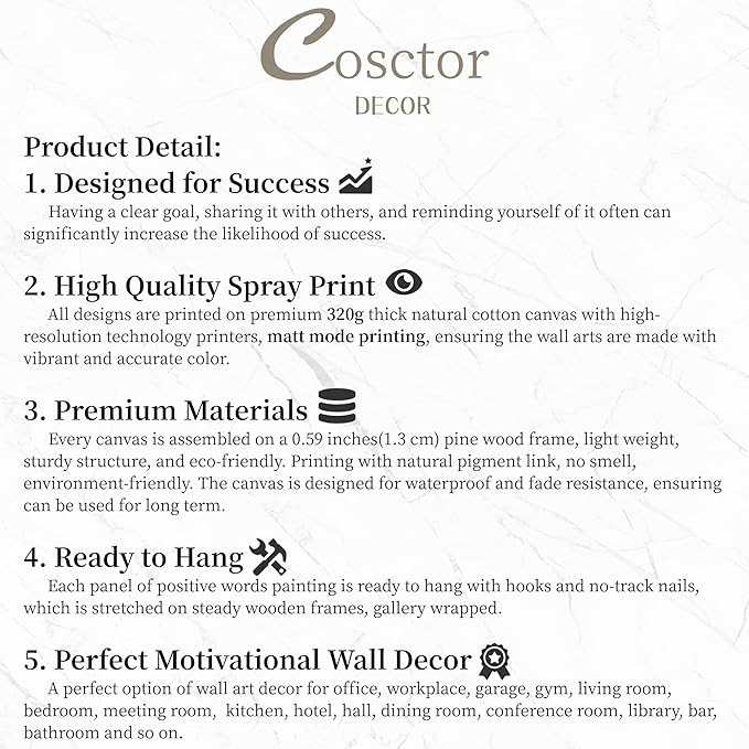 COSCTOR Set of 3 Motivational Wall Art Canvas for Office Workplace Garage Gym Living Room Bedroom Grind Hustle Execute Black and White Wall Decor Inspirational Quotes Posters for Paintings(Framed,12x16)