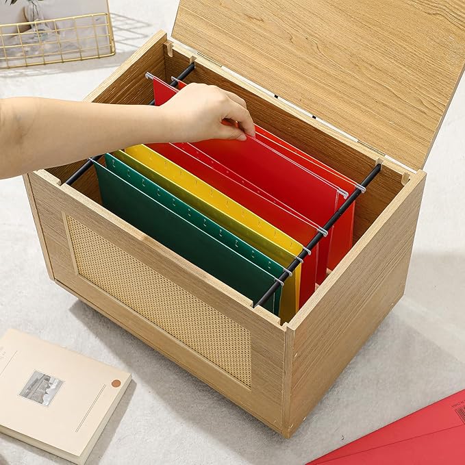 Rattan File Cabinet Hanging File Organizer Box with Lid Rolling Wicker Filing Cabinet for Home Office for Letter/Legal Size