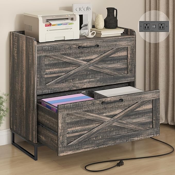 2 Drawer Lateral File Cabinet, Filing Cabinet with Charging Station for Letter/Legal/A4 Size Hanging Files, Modern Farmhouse File Cabinet for Home Office, Printer Stand with Storage, Dark Rustic Oak