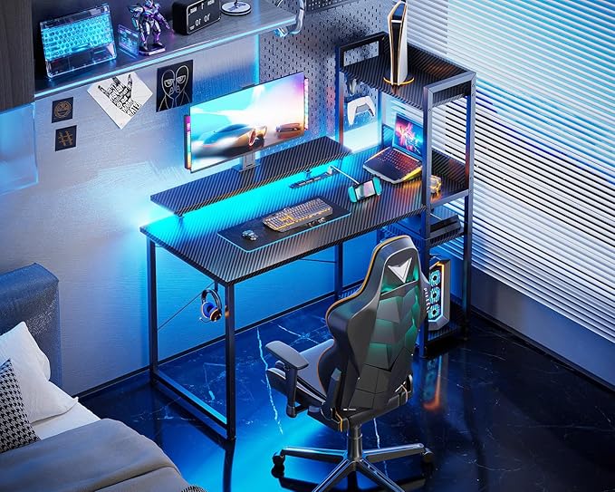 ODK Reversible Gaming Desk LED Lights, 40 Inch Computer Desk with Storage Shelves & Monitor Stand, Study Table for Home Office, Small Space Bedroom, Carbon Fiber Black