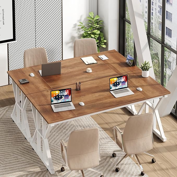 TVU Computer Desk, 55 inch Large Office Desk, Study Writing Table with Thicken Frame, Gaming Desk, Modern Simple Desk for Home Office, Brown