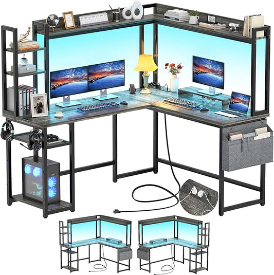 Aheaplus L Shaped Gaming Desk, Reversible L Shaped Desk with Power Outlet and Led Lights, Gaming Desks Corner Computer Desks with Hutch, Monitor Stand and Storage Bag for Home Office, Black Oak
