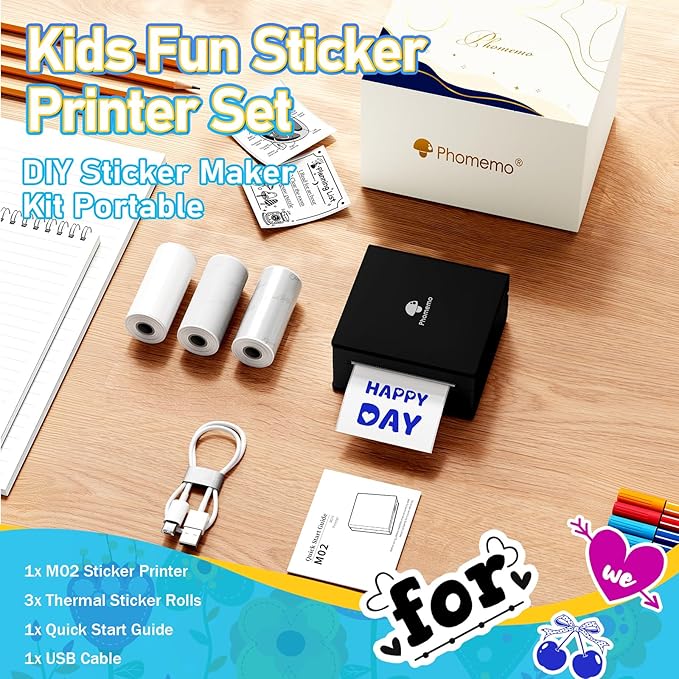 Phomemo Sticker Printer- Mini Thermal Sticker Printer Machine, Small Pocket Label Maker Instant Print for DIY Creation, Study Notes, Photos, Portable Inkless Photo Maker for Kids/Students, Black