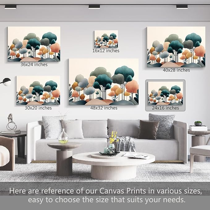 gaosoul Modern Abstract Canvas Wall Art Oil Painting Giclee Print of Geometric Forest in Teal Pink Amber with Black Trunks Serene Beige Background for Living Room Bedroom Decor Framed 24x16in