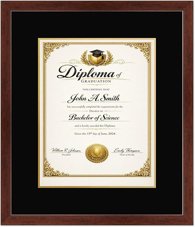 CountryArtHouse Diploma Frame Fits 11 x 14 College Diploma (Portrait) - Keepsake Graduation Display Rustic Walnut Genuine Hardwood with Black Over Metallic Gold Double mat
