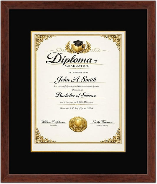 CountryArtHouse Diploma Frame Fits 11 x 14 College Diploma (Portrait) - Keepsake Graduation Display Rustic Walnut Genuine Hardwood with Black Over Metallic Gold Double mat