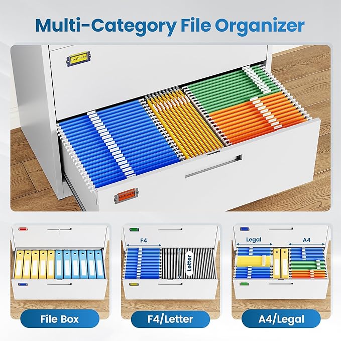 3 Drawer File Cabinet, Lateral Filing Cabinets for Home Office, Office Storage Drawers with Lock, Hanging Files Legal/Letter A4 Size (Assemble Required,White)