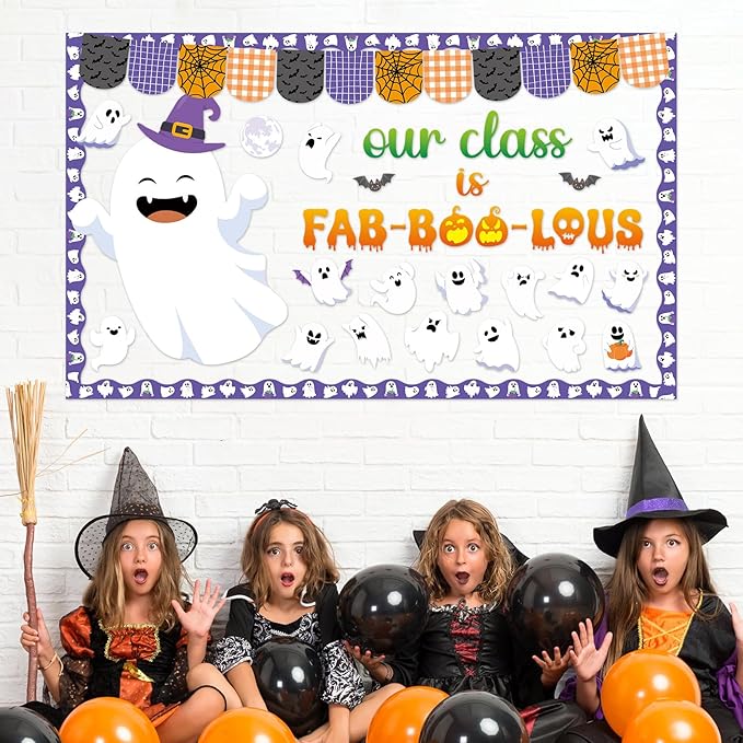 Halloween Ghost Bulletin Board Set Boo Ghost Bat Patterned Classroom Decorations Cute Halloween Paper Cutouts for Office School Birthday Chalkboard Wall Door Decor