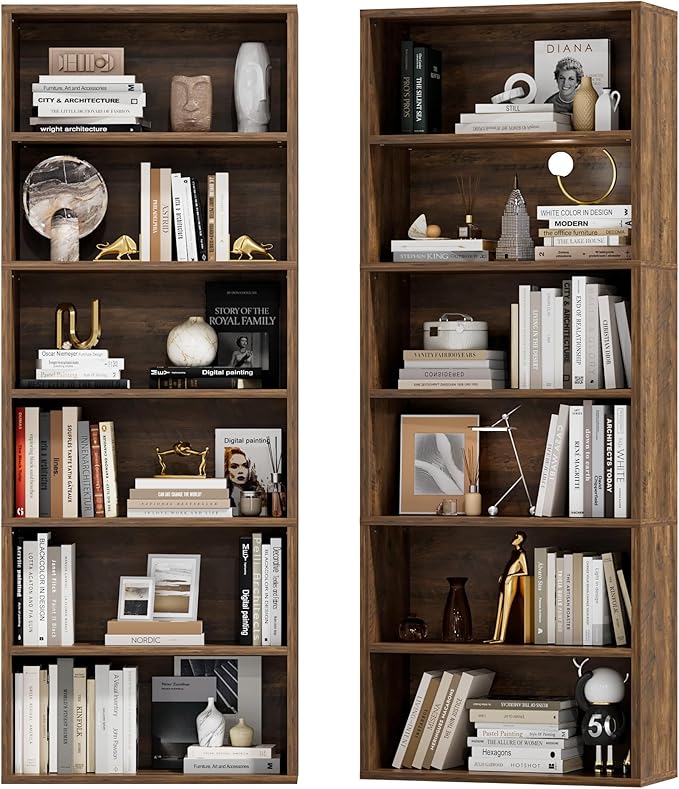 Furniwell 71" Tall Bookcase Bookshelves, 6 Tier Floor Standing Bookcases Open Frame, Modern Display Storage Organizer for Home Office, Living Room, Bedroom, Study Room (Brown, 2 Pcs)