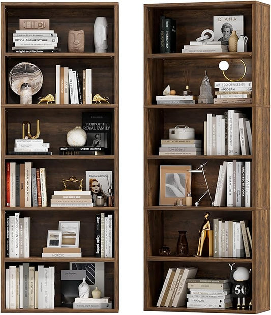 Furniwell 71" Tall Bookcase Bookshelves, 6 Tier Floor Standing Bookcases Open Frame, Modern Display Storage Organizer for Home Office, Living Room, Bedroom, Study Room (Brown, 2 Pcs)