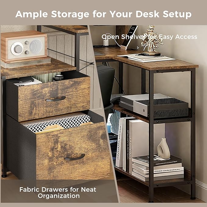 GTPLAYER 73" L Shaped Gaming Desk, Reversible Computer Desk with Power Outlets & LED Lights, Home Office Corner Desk with Storage Shelves, Monitor Stand, and Tower Space, Rustic Brown