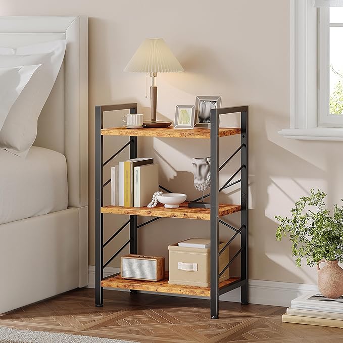 2 Pieces Book Shelf, 3 Tier Industrial Bookcase with Metal Frame and Sidebars, Small Bookshelf for Bedroom, Home Office and Living Room, Rustic Brown