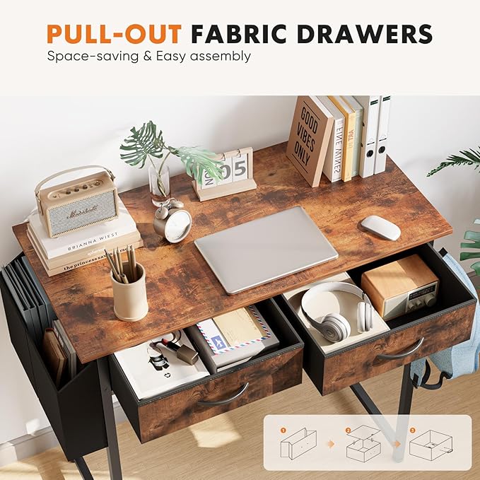 Sweetcrispy Computer Desk Small 32 Inch Home Office Bedroom Writing Study PC Table with Fabric Storage Drawers Space Side Bag Headphone Hook Adjustable Feet Modern Simple Style, Rustic Brown