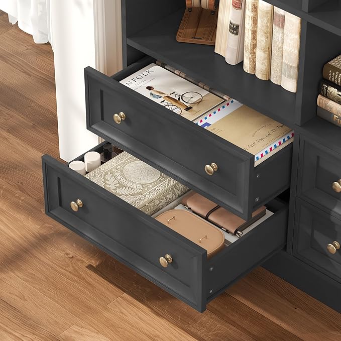 FINETONES 71" Black Bookshelf with 4 Drawers, 6-Tier Double Wide Bookshelves and Bookcases with Storage, Tall Bookshelf Large Open Bookshelves Standing Book Cabinet for Home Office, Black