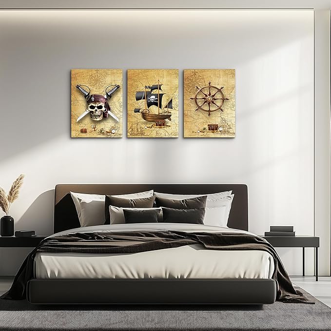 Pirate ship and rudders Canvas Wall Art for Living Room Bedroom Decoration wall painting,Bathroom Wall Decor Home Decoration kitchen posters artwork，Adventure map decoration 16x12 inch/ 3 piece set