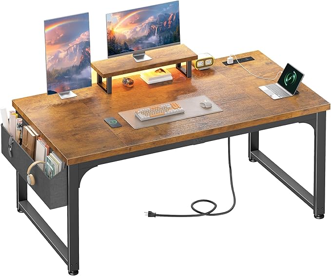 55 x 24 inch Desk with Power Outlets, No wobble Computer Desk with 0.95 Inch Thicker Desktop & Monitor Stand & Light & Storage Bag, Office Writing Desk for Home Office, Study, Bedroom, Brown