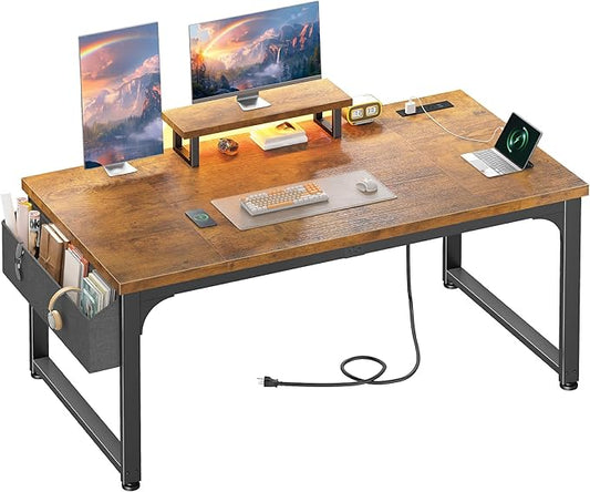55 x 24 inch Desk with Power Outlets, No wobble Computer Desk with 0.95 Inch Thicker Desktop & Monitor Stand & Light & Storage Bag, Office Writing Desk for Home Office, Study, Bedroom, Brown