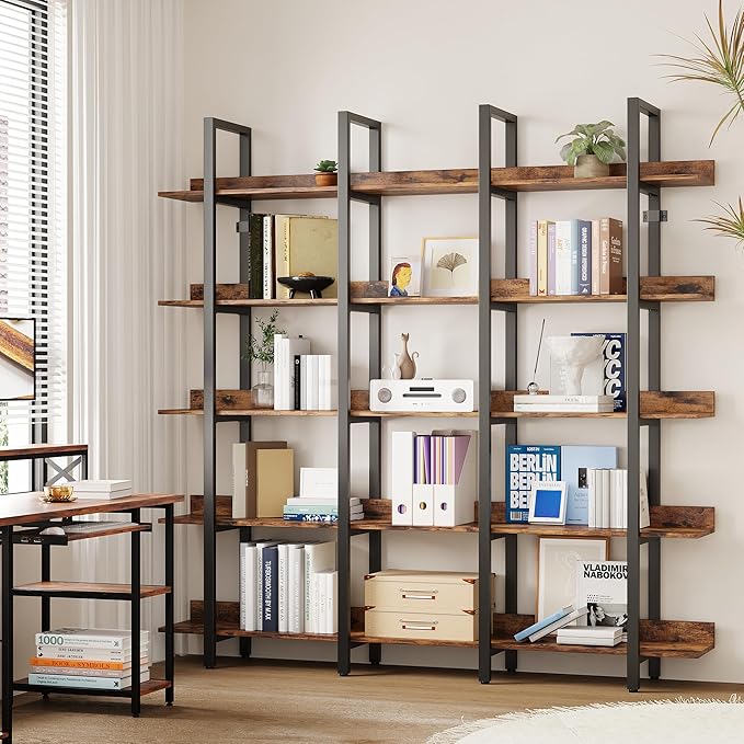 IRONCK Bookcase and Bookshelves Triple Wide 5 Tiers Large Open Shelves, Etagere Book Shelf with Back Fence for Home Office Decor, Easy Assembly, Vintage Brown