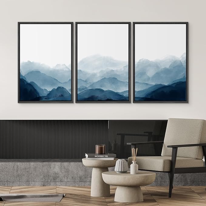 SIGNWIN Framed Canvas Print Wall Art Blue Watercolor Mountains in Fog Nature Wilderness Modern Art Rustic Cool for Living Room, Bedroom, Office - 16"x24"x3 Black