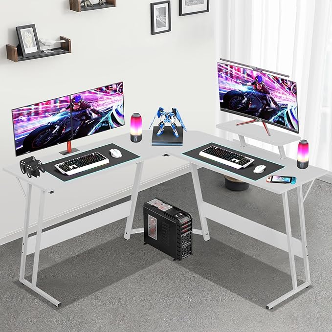 L Shaped Gaming Desk, 50 Inch Corner Desk, Office Computer Desk with Large Monitor Stand for Home Office Sturdy Writing Workstation, Easy to Assemble, White