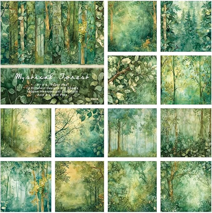 6x6 Scrapbook Paper Pad – Mystical Forest Botanical Green Designs, 24 Sheets (12 Designs x2), Single-Sided 160gsm Acid Free Cardstock for Card Making, Journaling & DIY Crafts